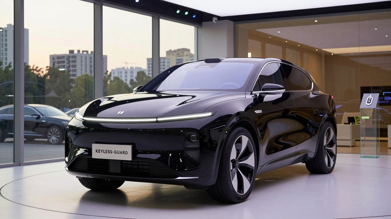 Carro elétrico preto moderno exposto em showroom com grandes janelas e edifícios ao fundo.