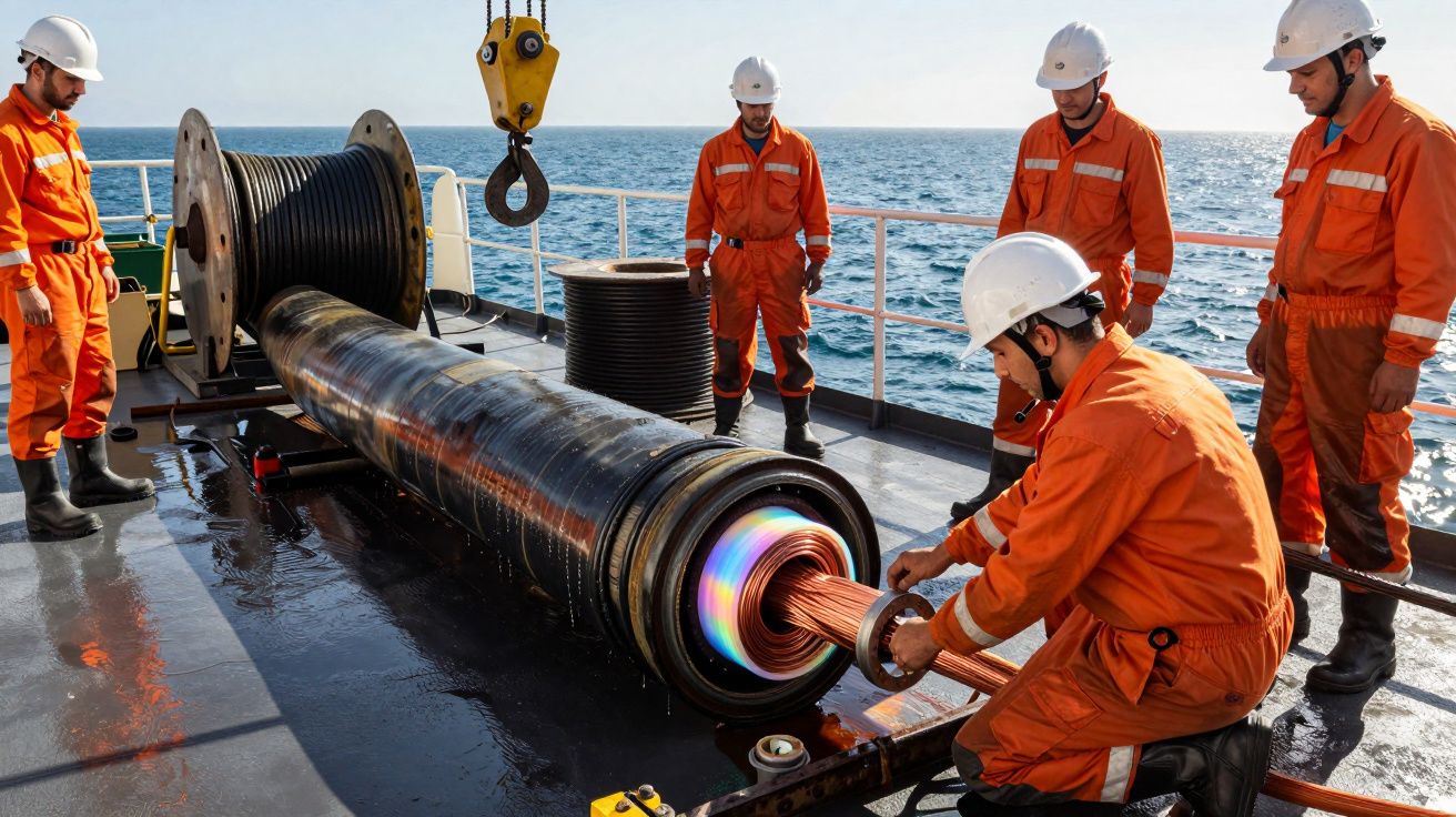 Trabalhadores em equipamento de proteção a instalar cabo submarino numa plataforma no oceano.