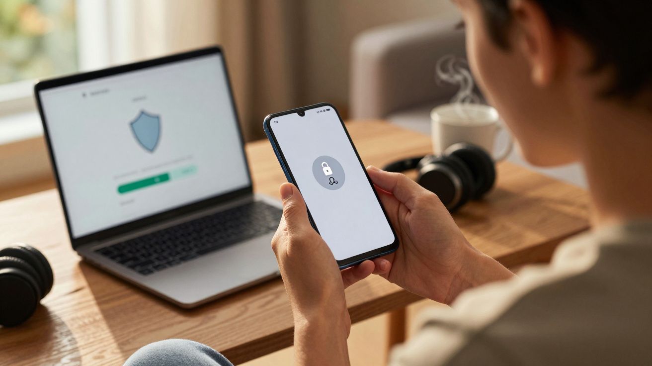 Pessoa a segurar telemóvel com ícone de cadeado, computador portátil com escudo de segurança e auscultadores numa secretária.