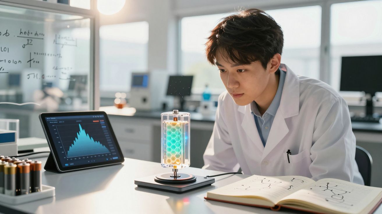Cientista a observar experimento com células coloridas num laboratório moderno, com gráfico e caderno aberto.