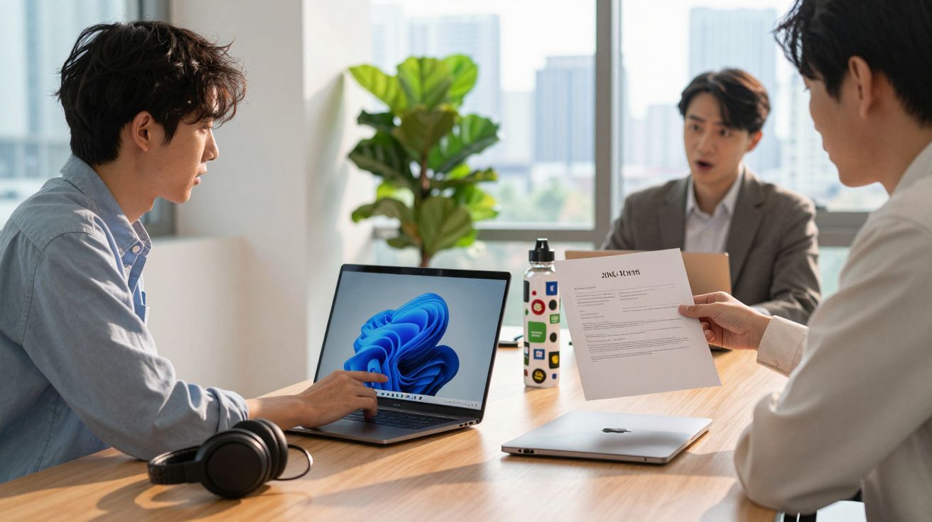 Três homens em reunião num escritório moderno, um com computador portátil aberto, discutindo documentos.