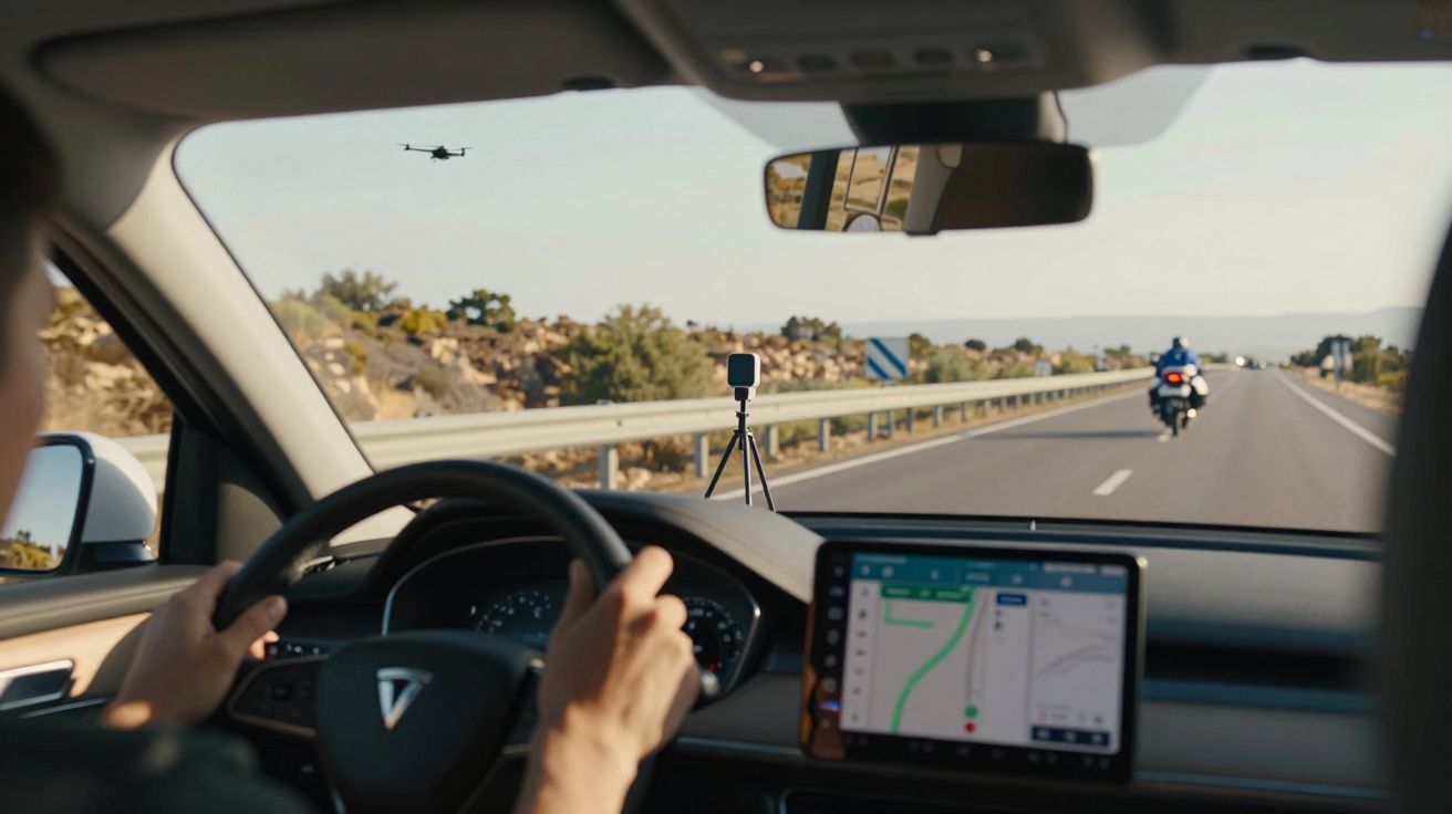 Pessoa a conduzir carro elétrico com drone a seguir na estrada e câmara num tripé no tablier.