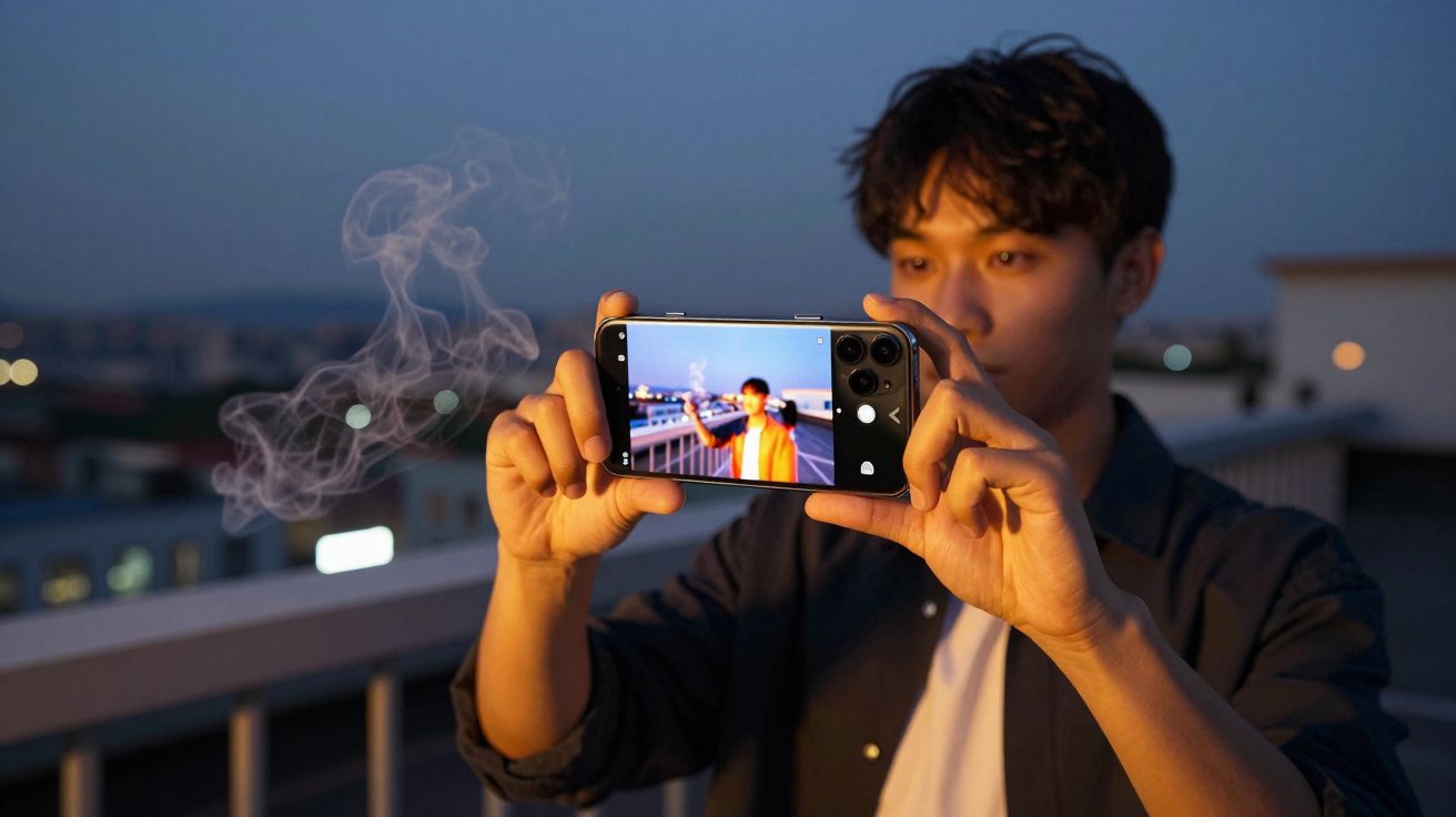 Jovem a fotografar fogo de artifício com smartphone ao anoitecer numa varanda urbana.