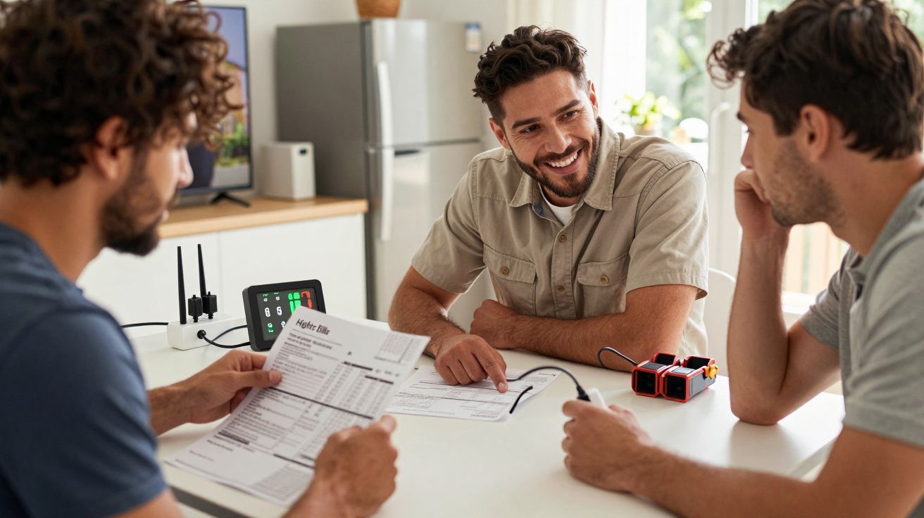 Três homens sentados à mesa discutem contas e documentos numa cozinha clara e moderna.
