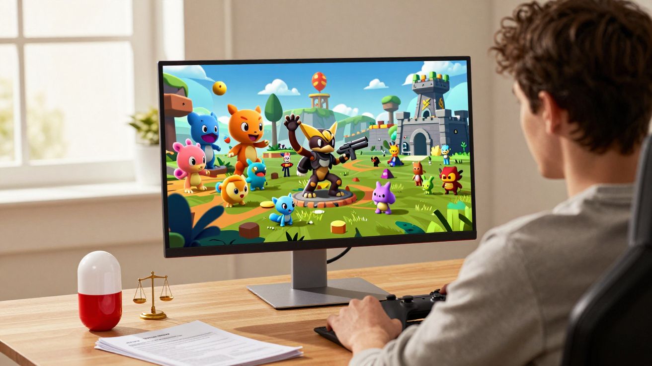 Pessoa a jogar videojogo colorido com personagens animais num ecrã de computador numa secretária.