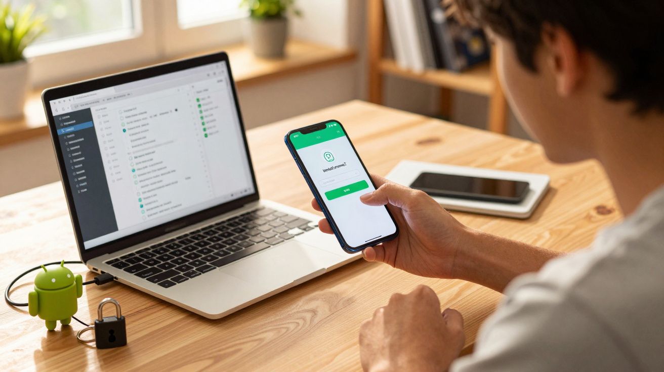 Pessoa a usar smartphone e computador portátil numa secretária com ícones de segurança digitais.