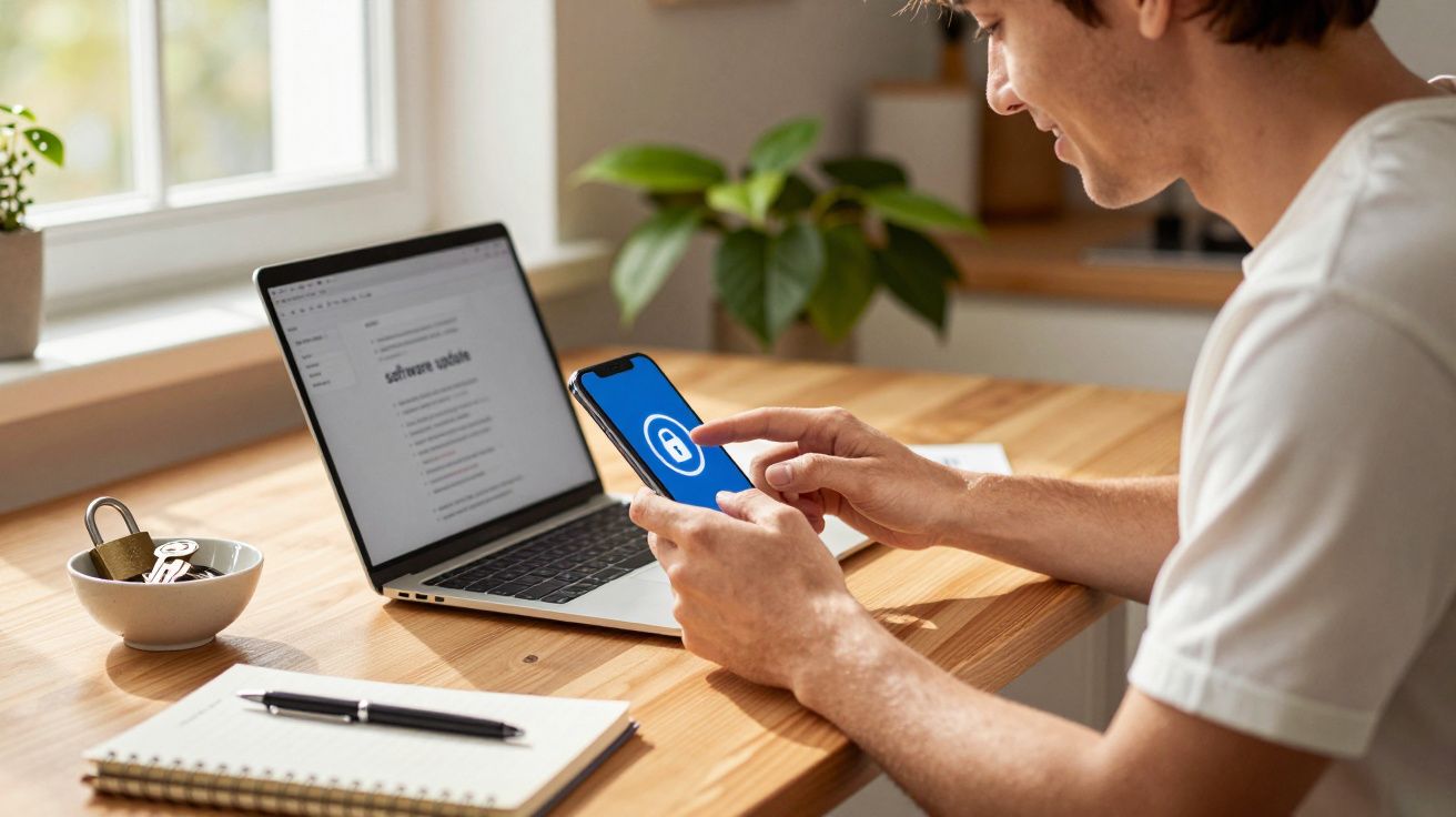 Pessoa a usar telemóvel com ícone de cadeado, ao lado de computador portátil e material de escritório numa secretária.