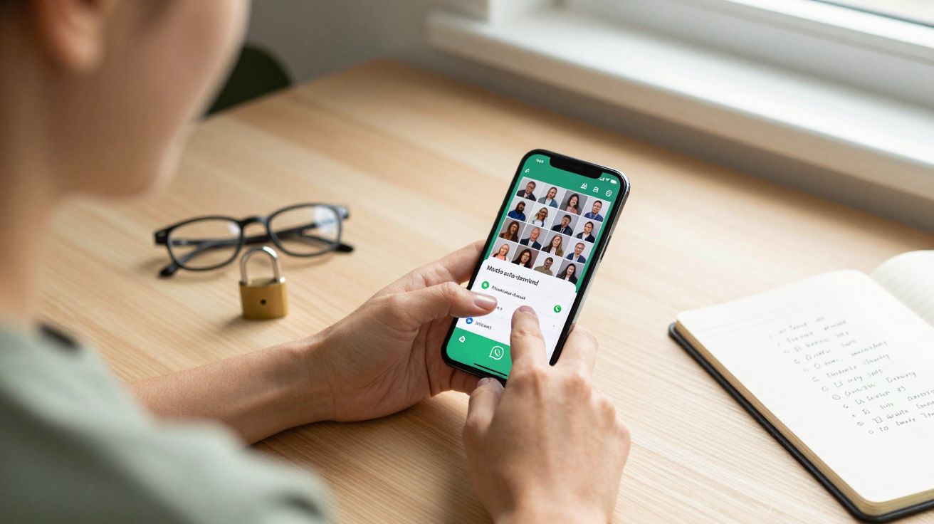Pessoa a usar telemóvel para enviar mensagem num grupo de chat, com óculos, cadeado e caderno numa mesa de madeira.