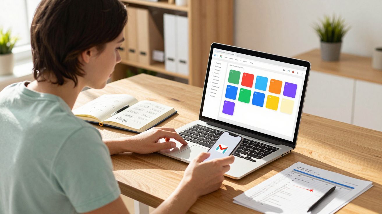 Pessoa a usar portátil e telemóvel com aplicativo de email, numa secretária com cadernos e documentos.