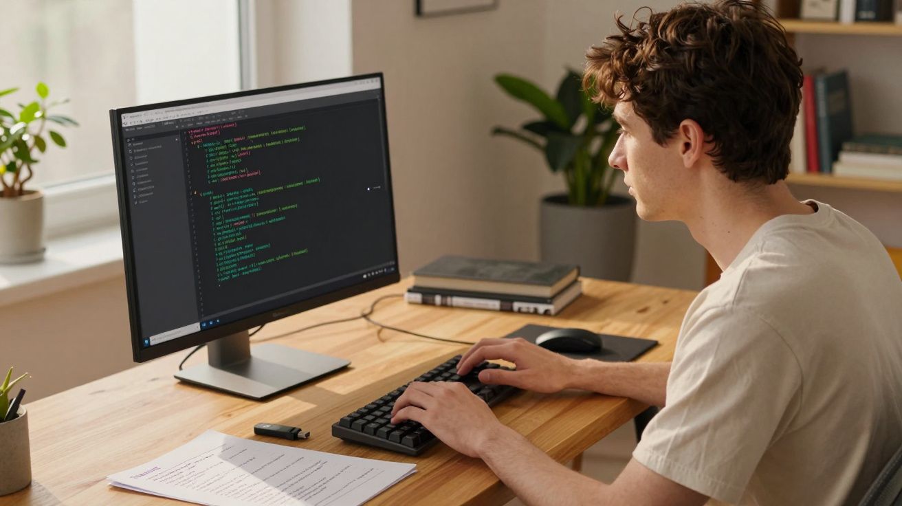 Jovem a programar código num computador num ambiente de trabalho luminoso e organizado.