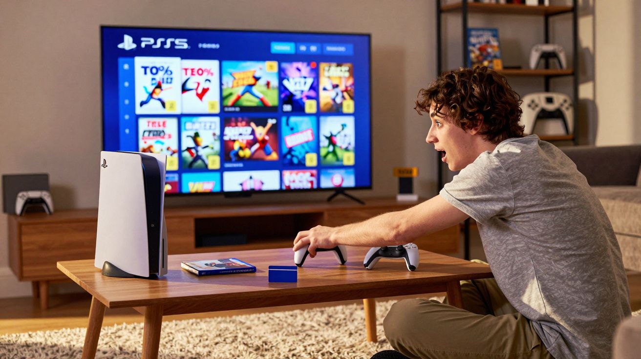 Jovem entusiasmado sentado a jogar numa consola PlayStation 5 com ecrã de jogos ao fundo.