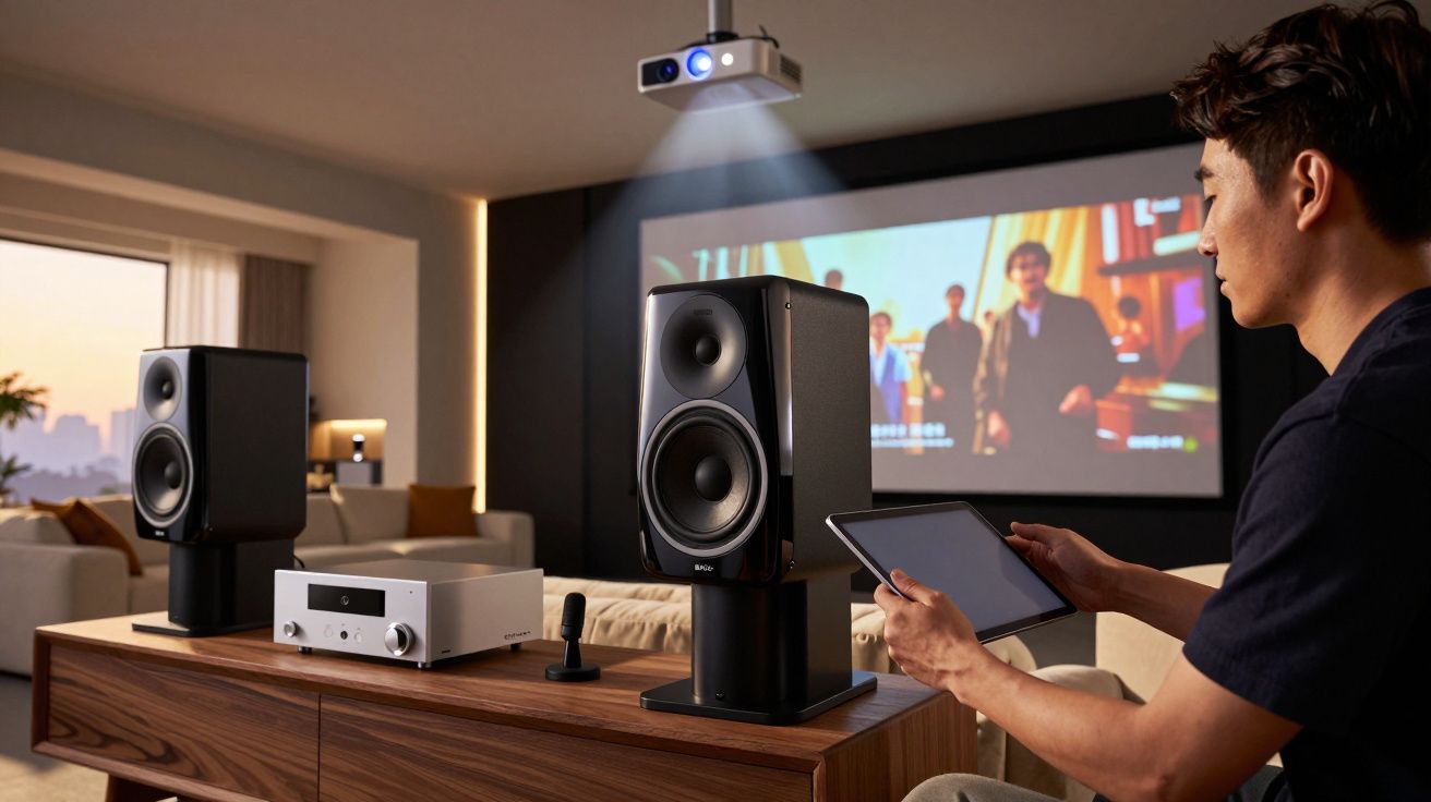 Homem a controlar sistema de som com tablet numa sala com projetor e ecrã grande a exibir filme.