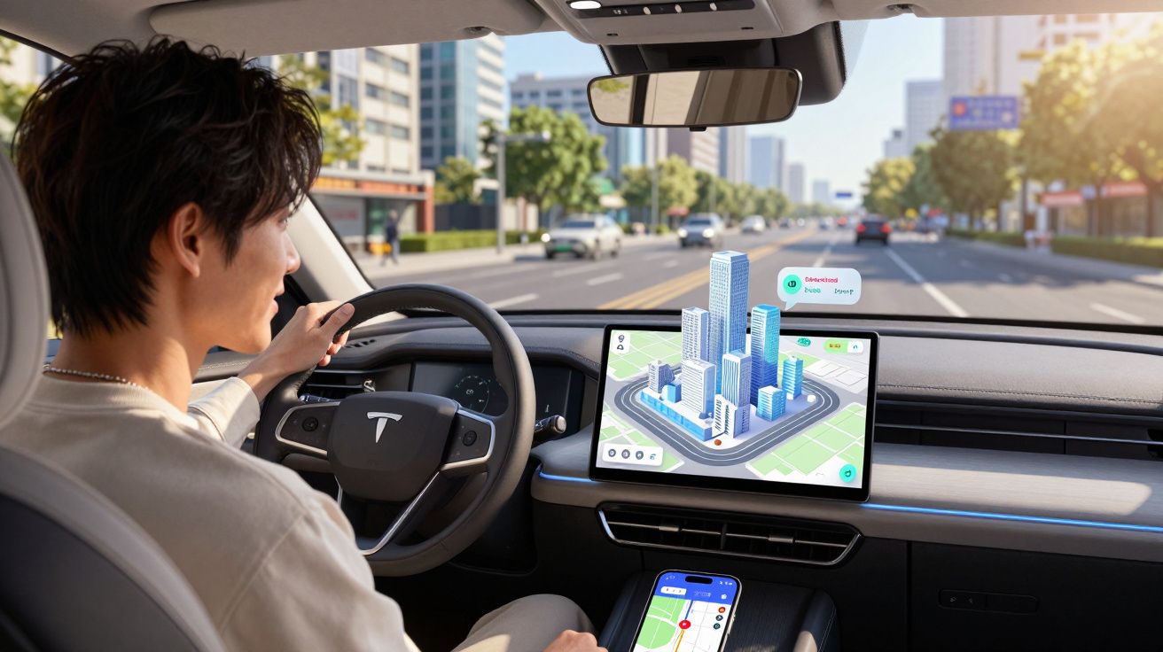 Pessoa a conduzir um carro Tesla com navegação digital e mapa 3D exibido no ecrã central.