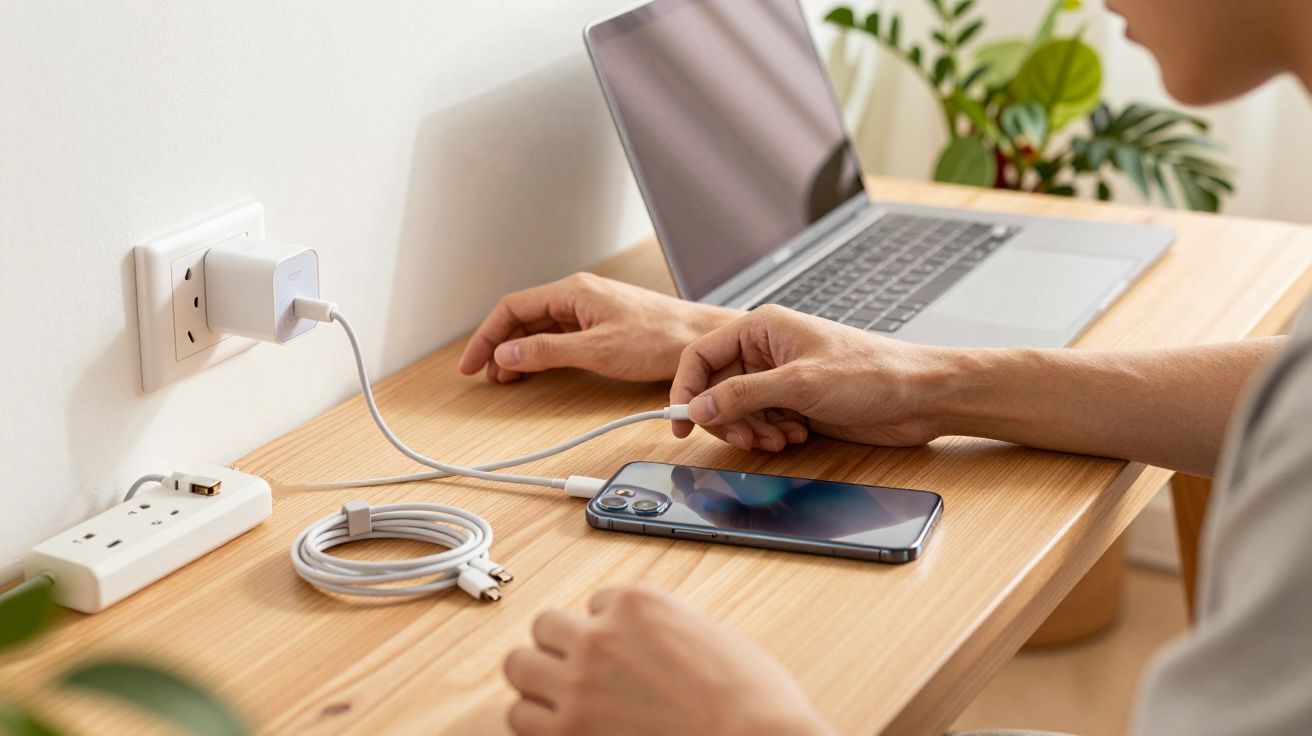 Pessoa a ligar telefone móvel a carregador numa secretária com portátil e planta ao fundo.