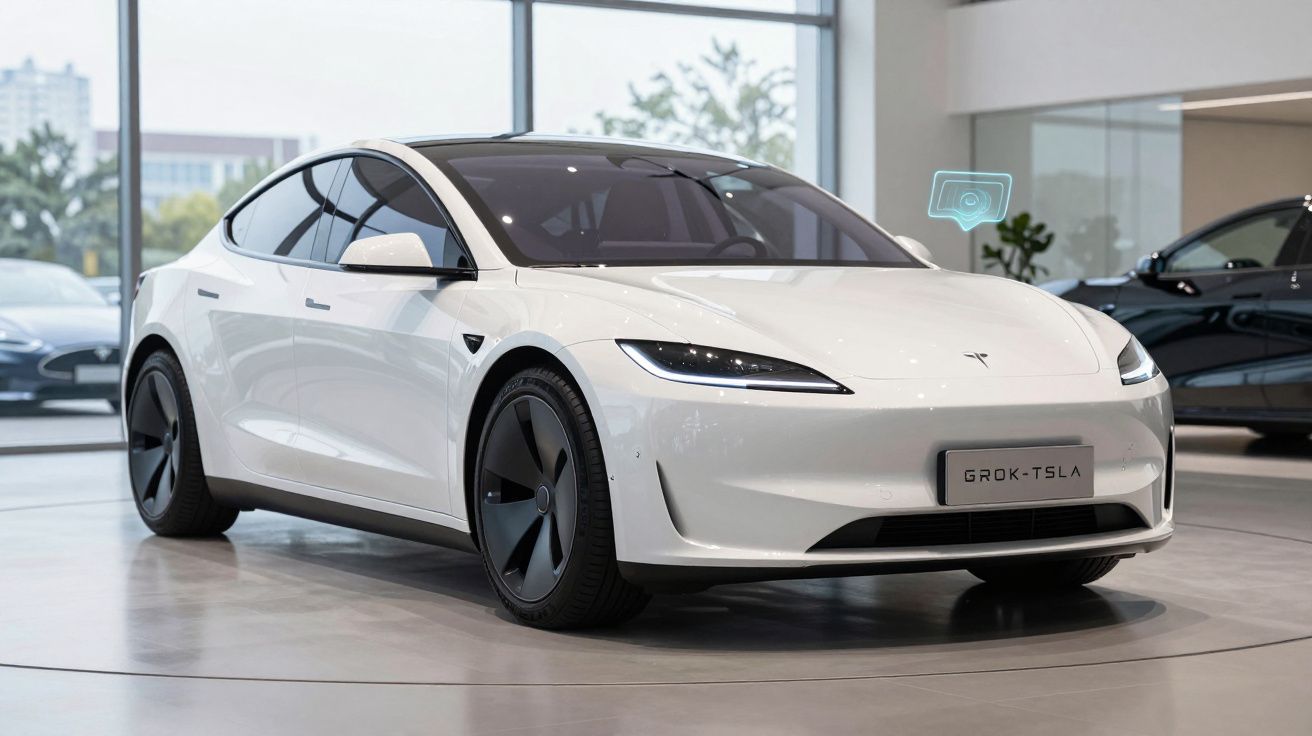Carro elétrico Tesla branco em exposição numa sala ampla com janelas de vidro.