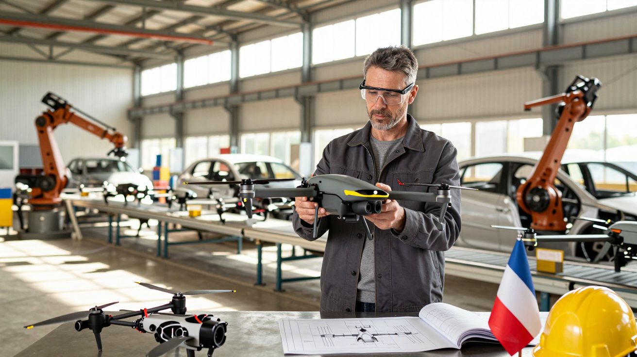 Homem com óculos de proteção manuseia drone num atelier automóvel com robôs industriais ao fundo.