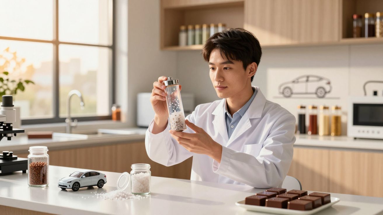 Cientista de bata branca analisa amostra em laboratório moderno com chocolates e modelo de carro na bancada.