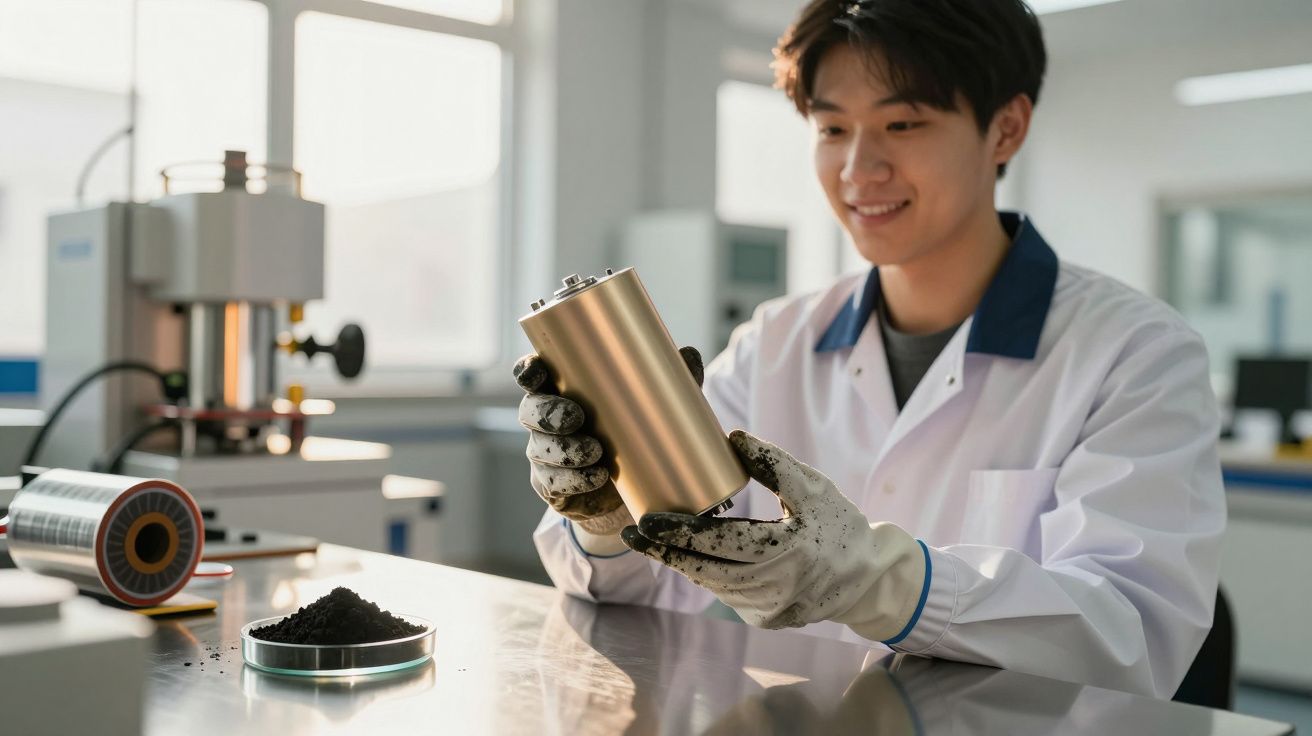 Homem de bata branca segura bateria dourada em laboratório com equipamento e carvão sobre mesa.