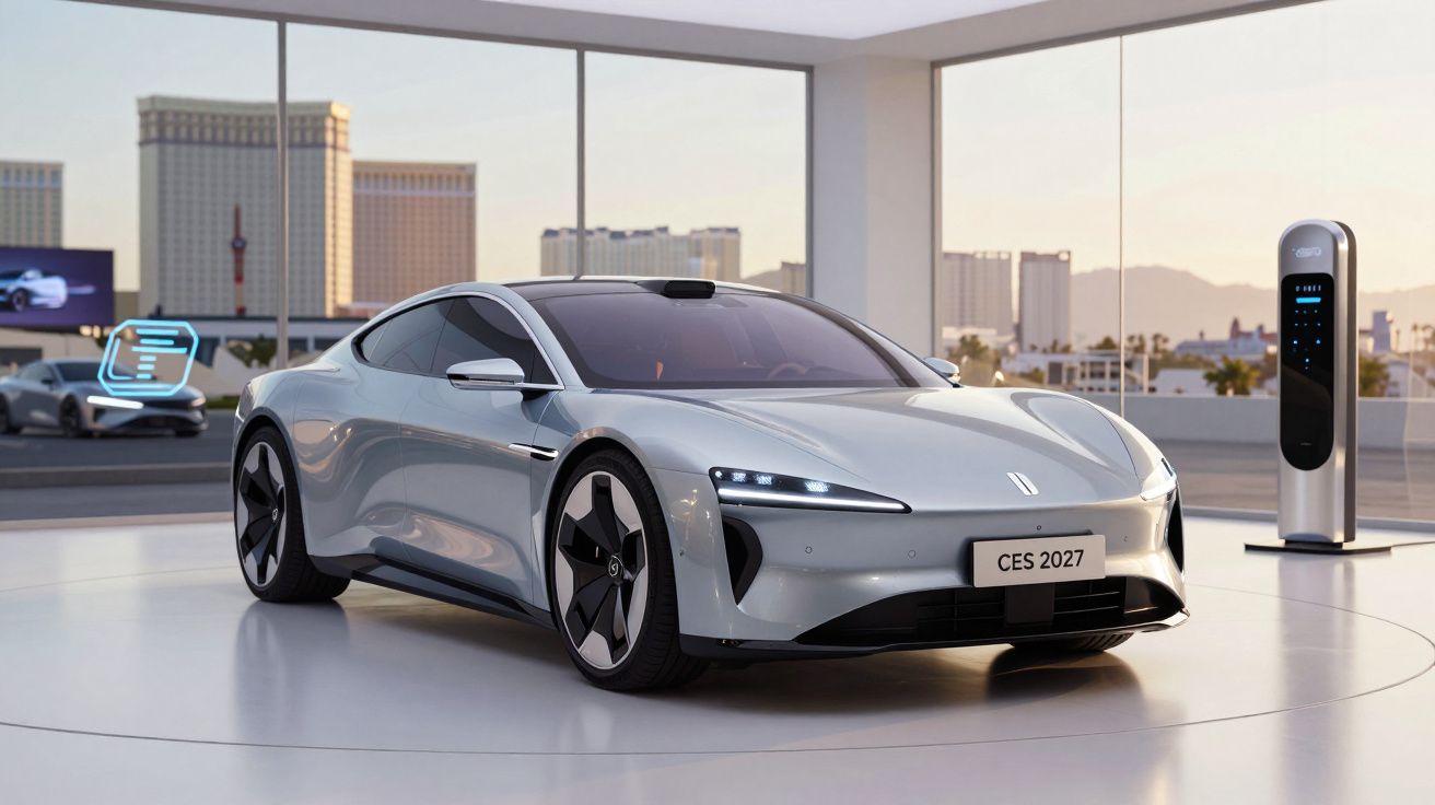 Carro elétrico cinzento futurista num showroom moderno com estação de carregamento ao lado.