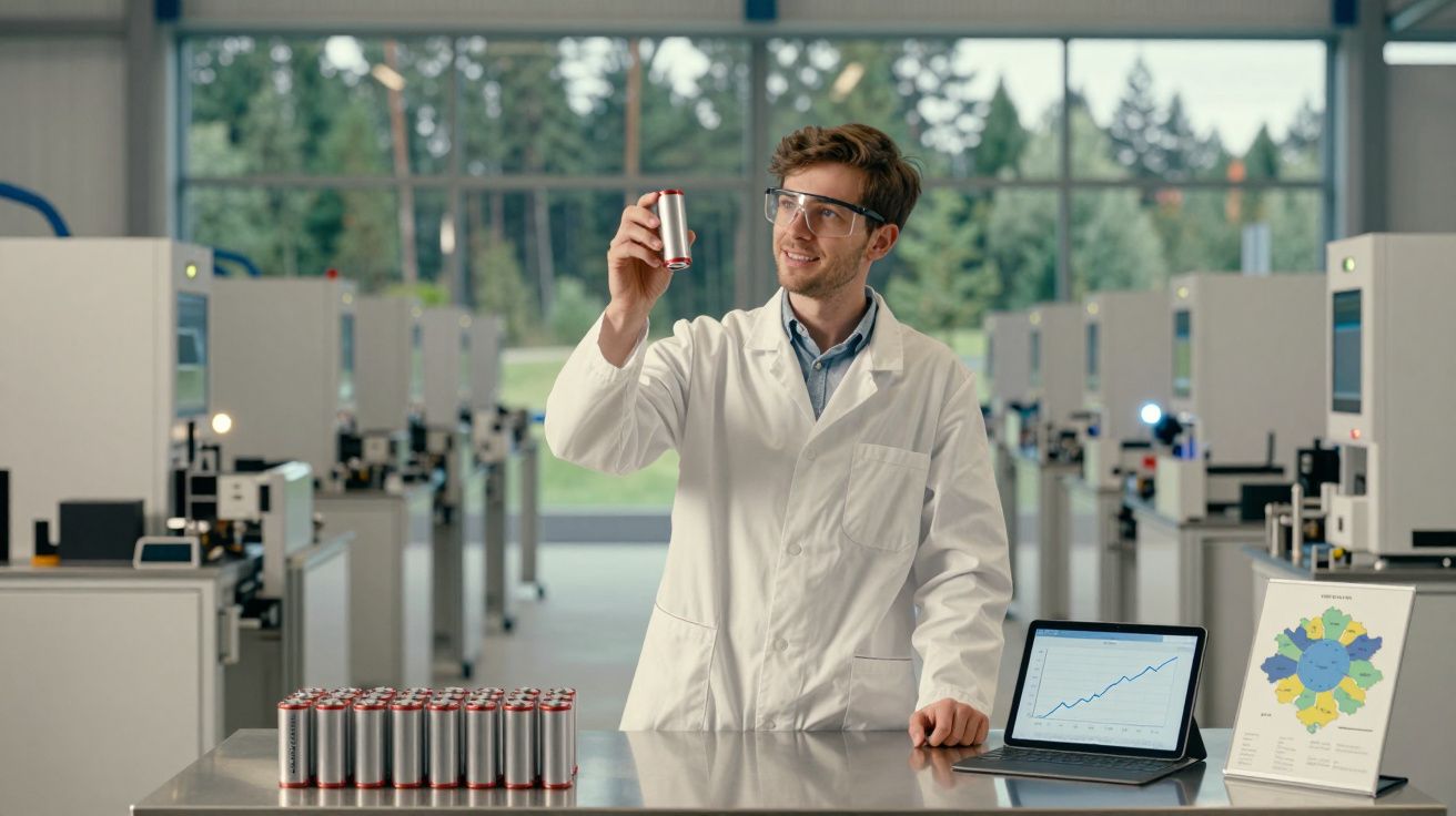 Cientista numa fábrica de baterias segura uma célula, com gráficas e várias baterias numa bancada.