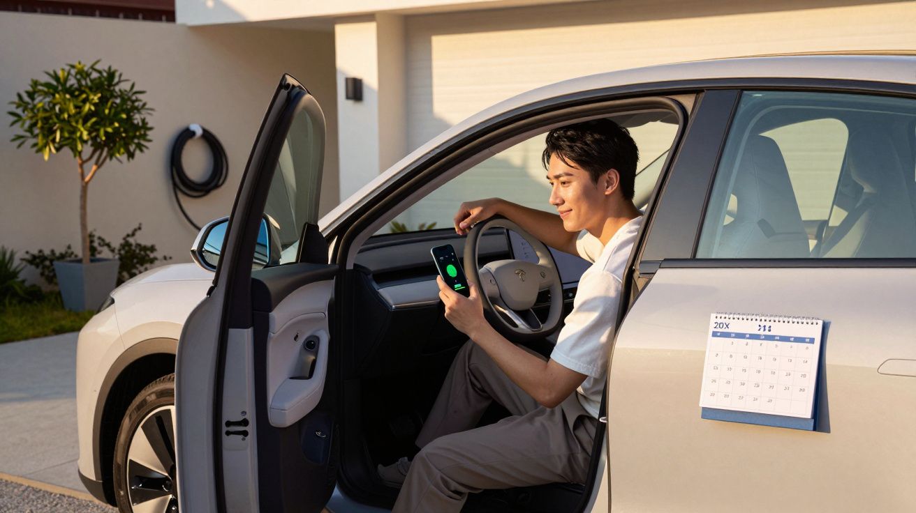 Homem sentado no banco do condutor de um carro elétrico branco com porta aberta, segurando um telemóvel.