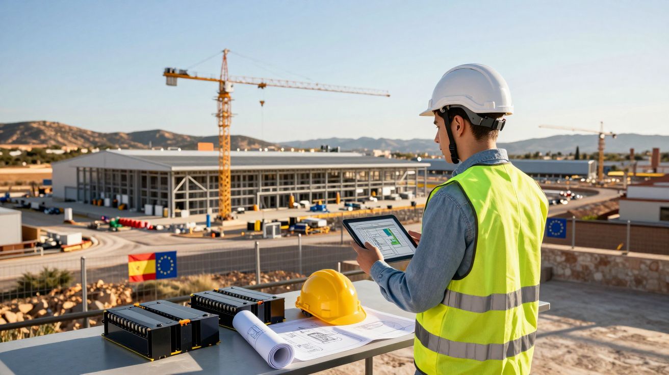 Engenheiro de construção com colete e capacete a consultar tablet numa obra com gruas e edifícios.