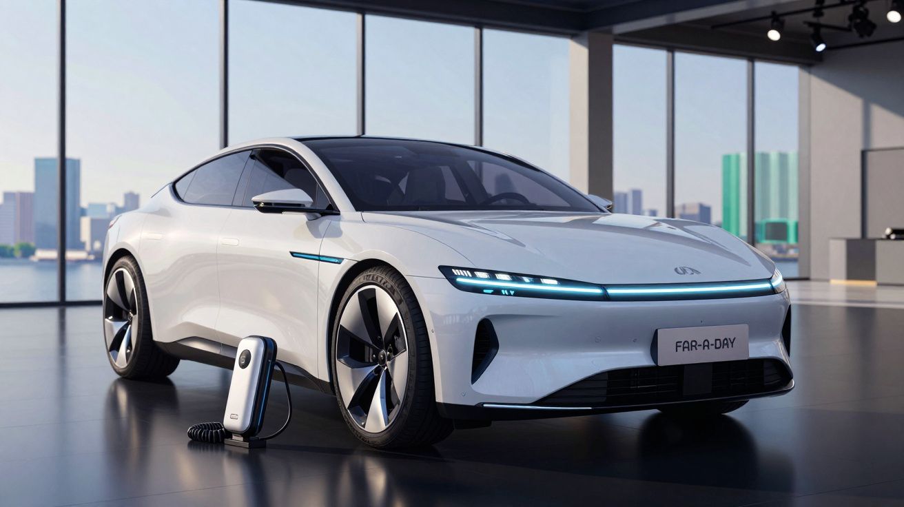 Carro elétrico branco futurista a carregar numa estação em espaço moderno com janelas panorâmicas e vista urbana.