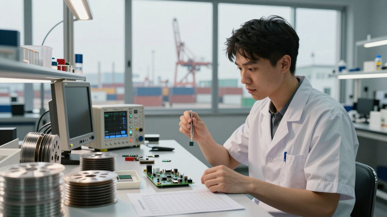 Homem em bata branca manipula componente eletrônico com pinça numa bancada de laboratório de eletrónica.