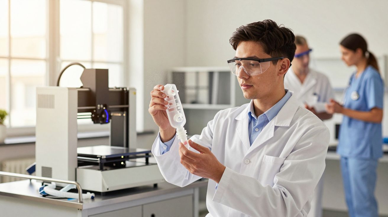 Homem com bata branca e óculos de proteção analisa material num laboratório moderno.
