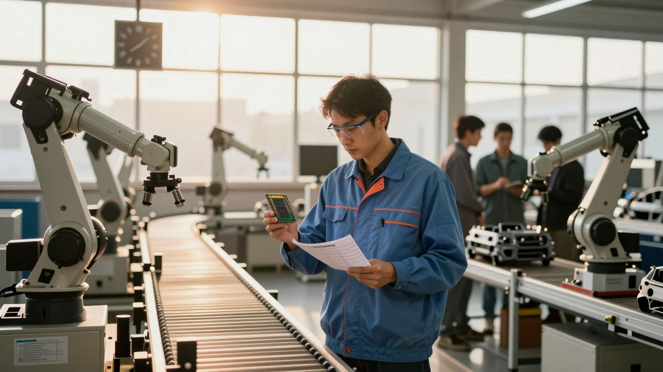 Homem com uniforme azul analisa componente eletrônico numa fábrica com braços robóticos e colegas ao fundo.