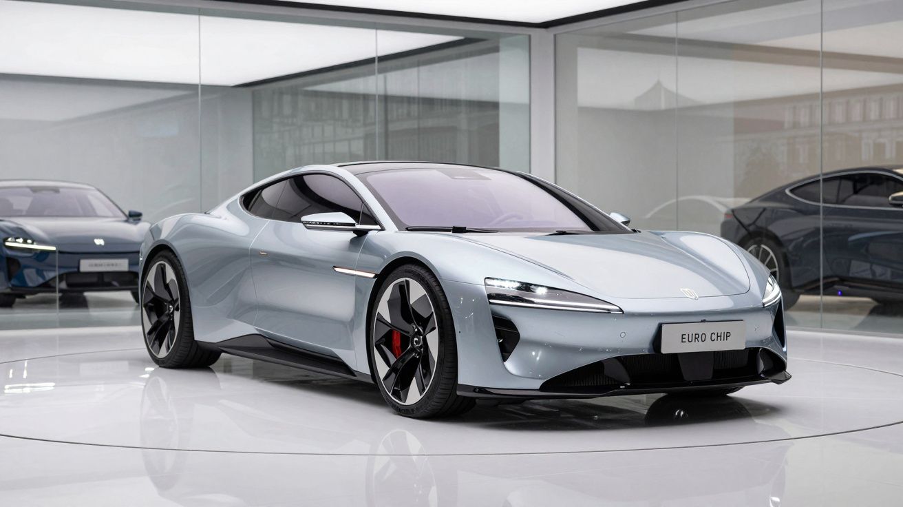 Carro desportivo elétrico cinzento exposto em sala moderna com paredes de vidro e piso branco reluzente.