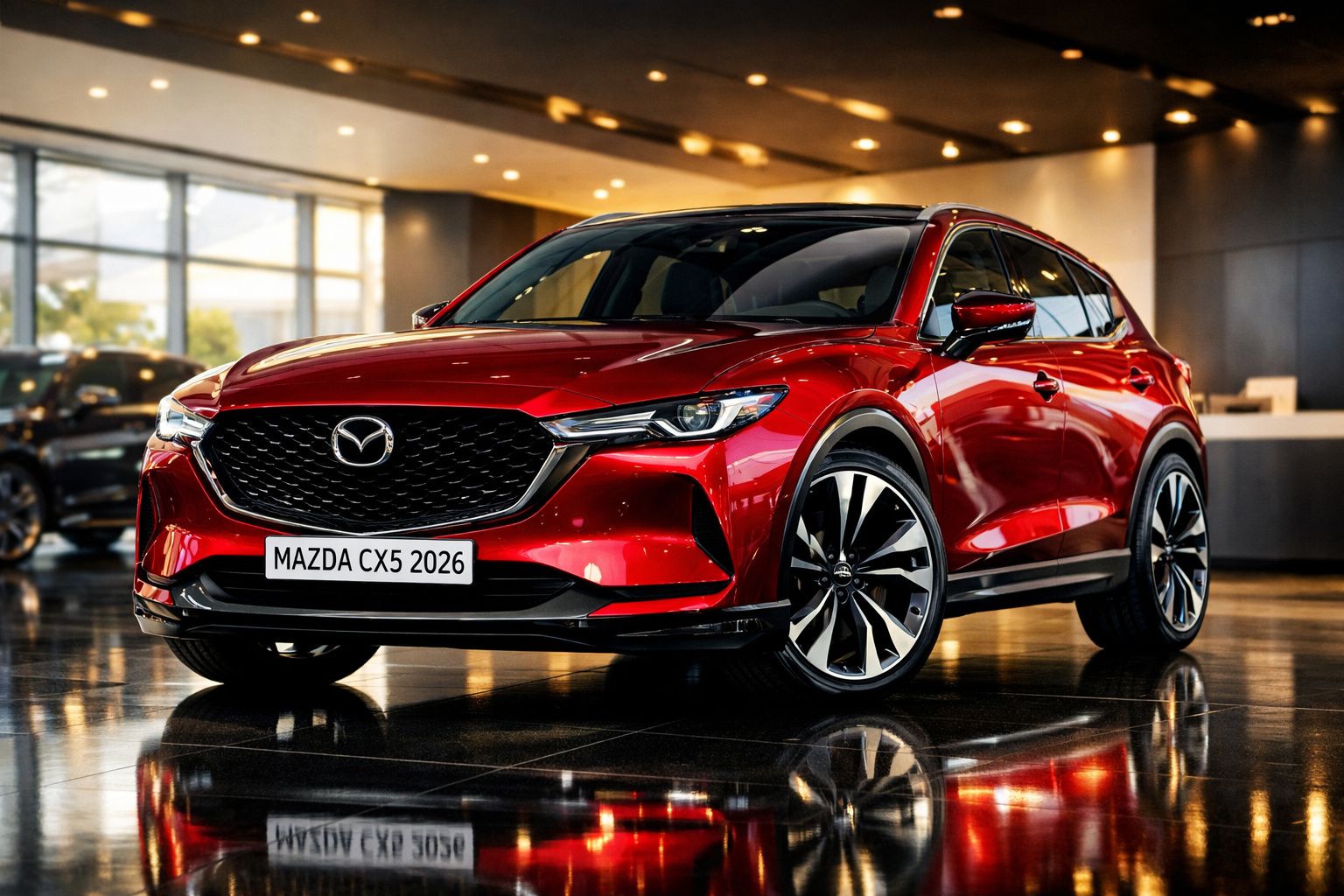 Carro SUV vermelho Mazda CX5 modelo 2026 exibido em salão com chão refletor e iluminação ambiente.