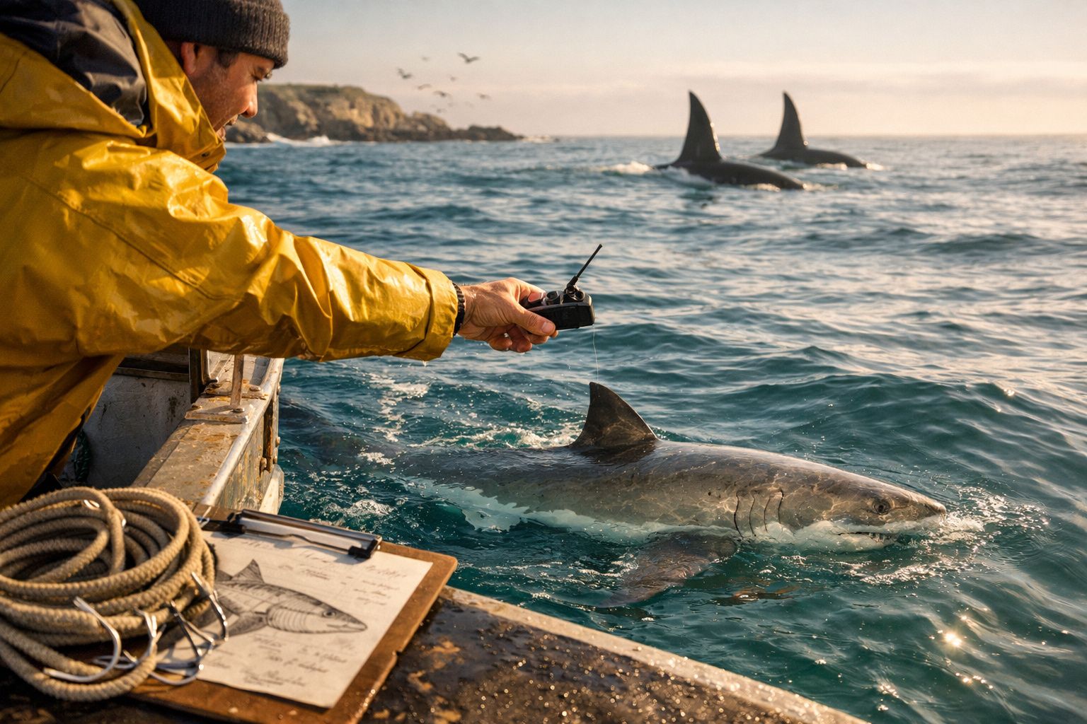 Homem com casaco amarelo controla drone perto de tubarão e orcas no mar ao pôr do sol.