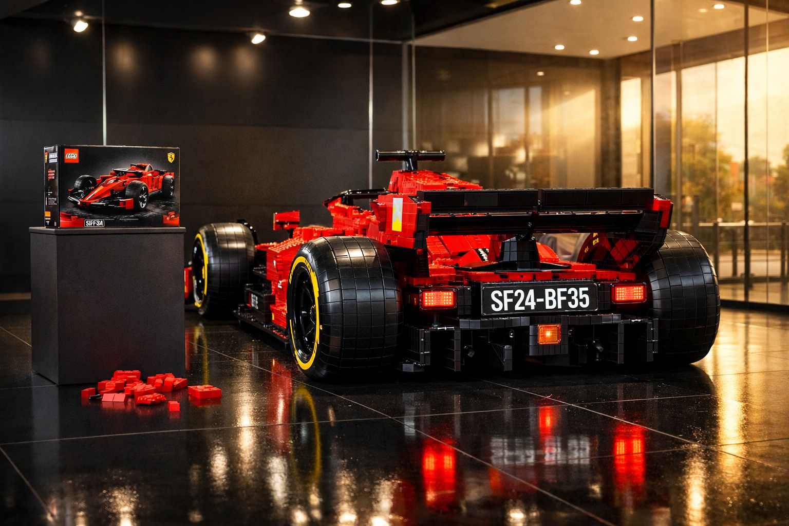 Modelo de carro de Fórmula 1 da Ferrari construído com blocos de Lego, exibido numa sala moderna e iluminada.