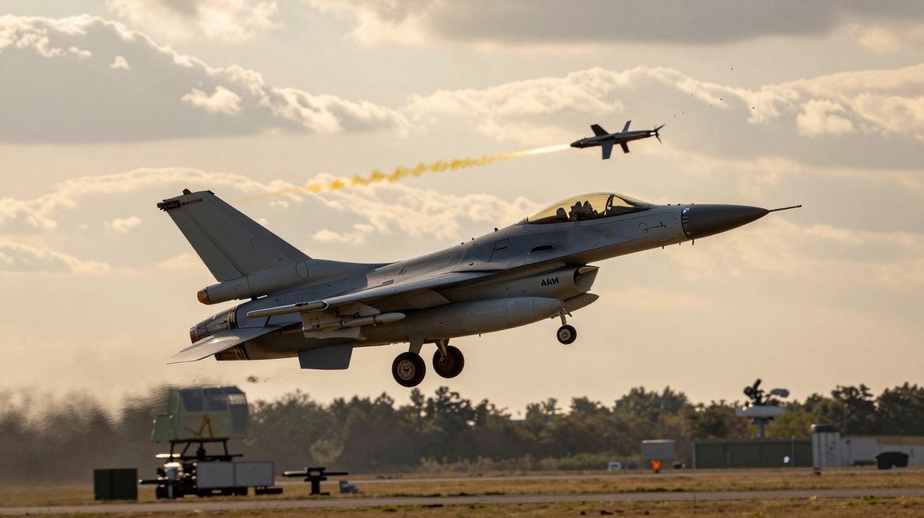 Caça F-16 a descolar com míssil a ser lançado, céu nublado ao fundo e vegetação junto à pista.
