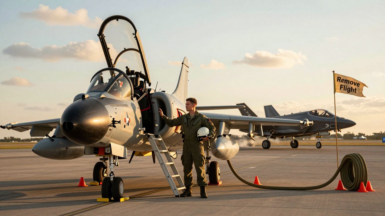 Piloto junto a avião militar estacionado numa pista de aeroporto ao pôr do sol.