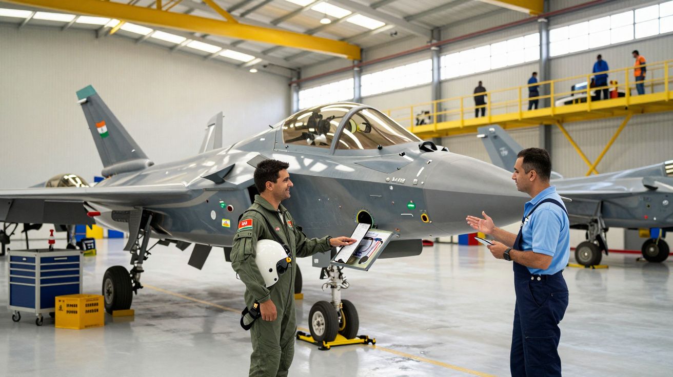 Dois homens em uniforme, um piloto e um técnico, conversam junto a um caça militar num hangar.