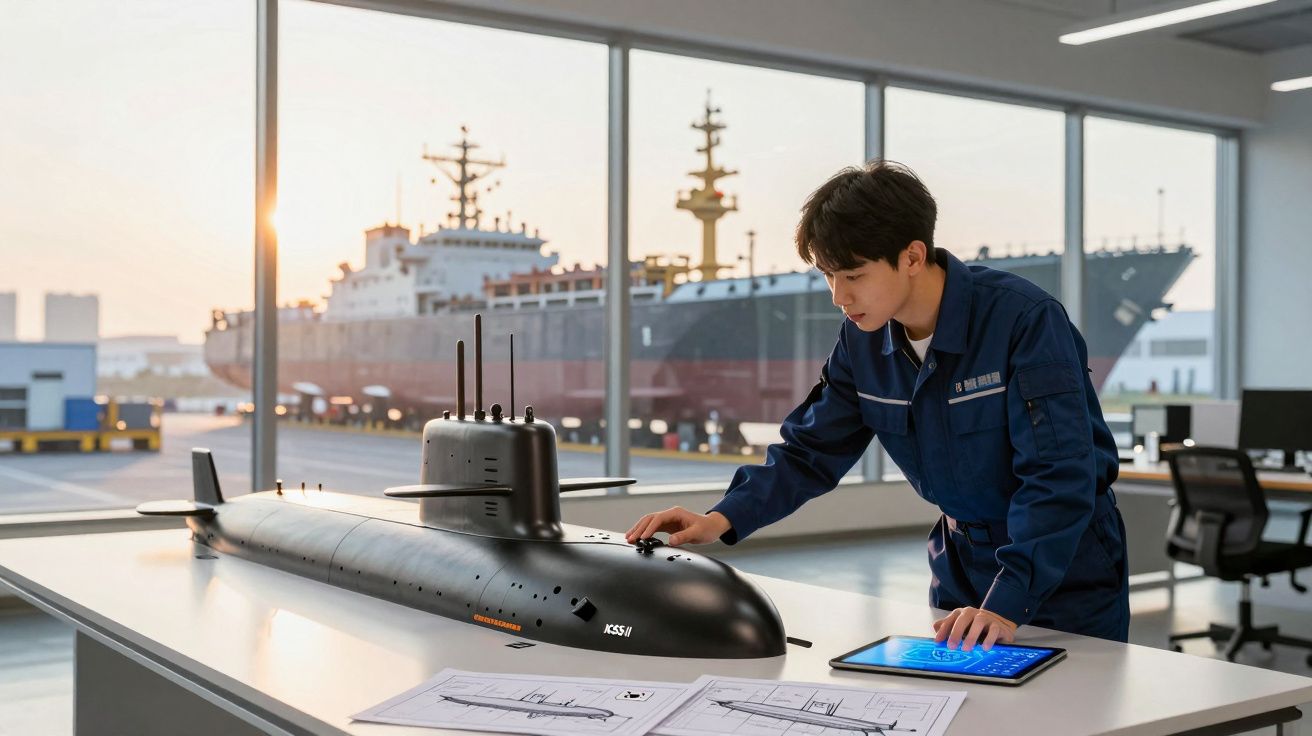 Jovem engenheiro trabalha num modelo de submarino numa mesa com esquemas e tablet na sala com vista para um porto.