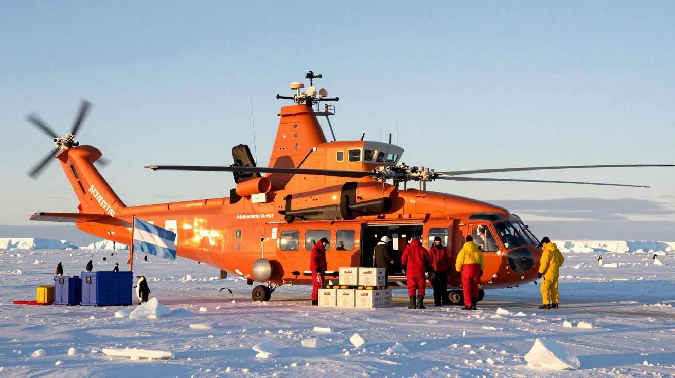 Helicóptero laranja com equipa a descarregar caixas no gelo na Antártida, com pinguins ao fundo.