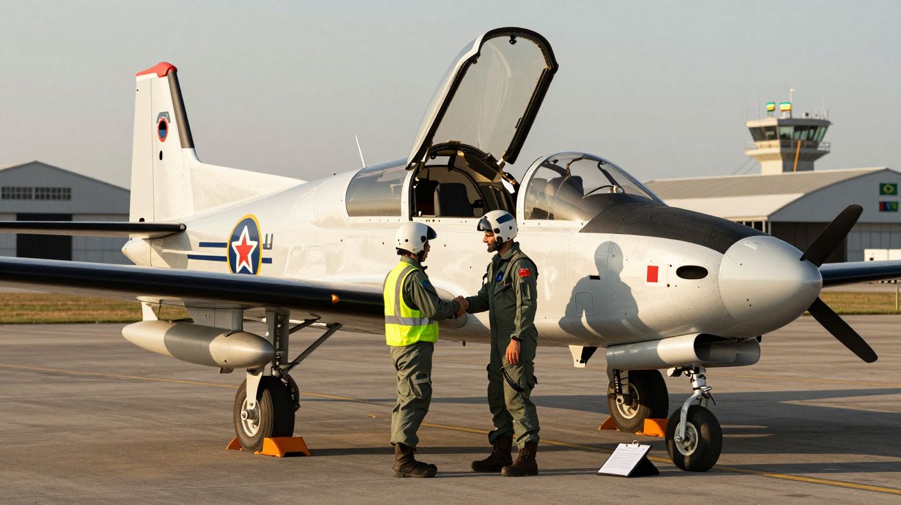 Dois pilotos com capacetes apertam as mãos junto a um avião militar branco numa pista.