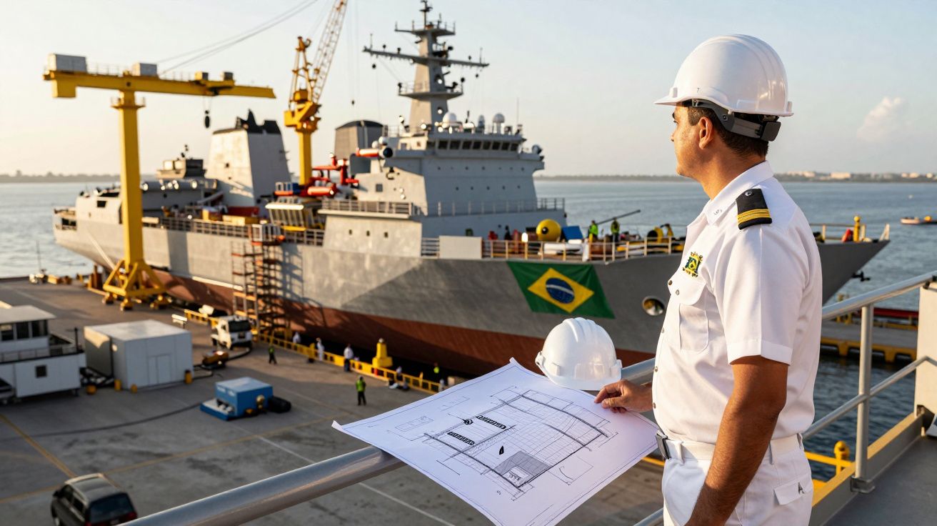 Homem com uniforme naval e capacete branco observa navio de guerra atracado, segurando plantas de construção.