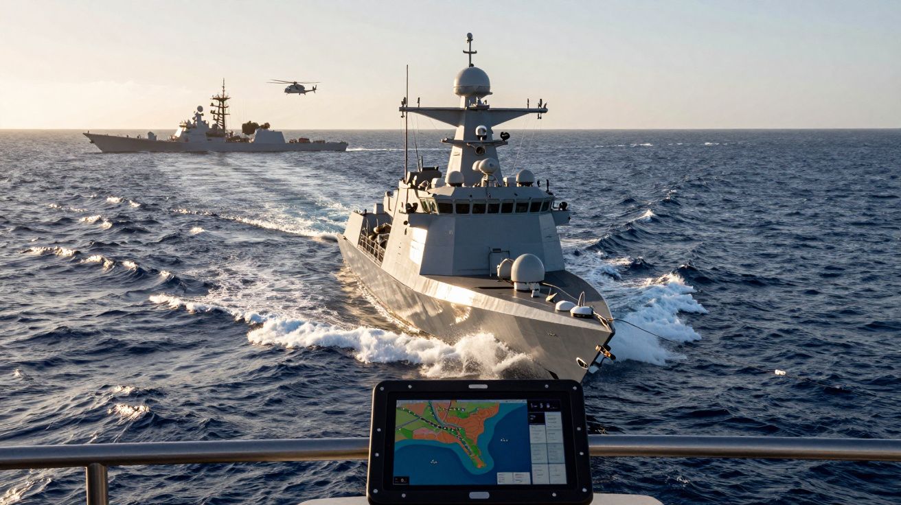 Dois navios militares no mar com um helicóptero a sobrevoar e um ecrã de navegação no convés.