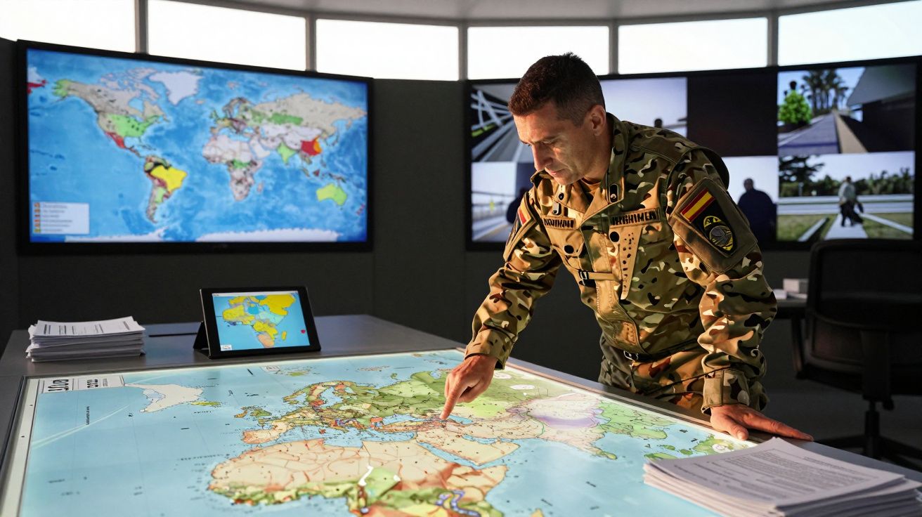 Soldado em uniforme militar apontando para mapa iluminado numa sala de comando com ecrãs digitais ao fundo.