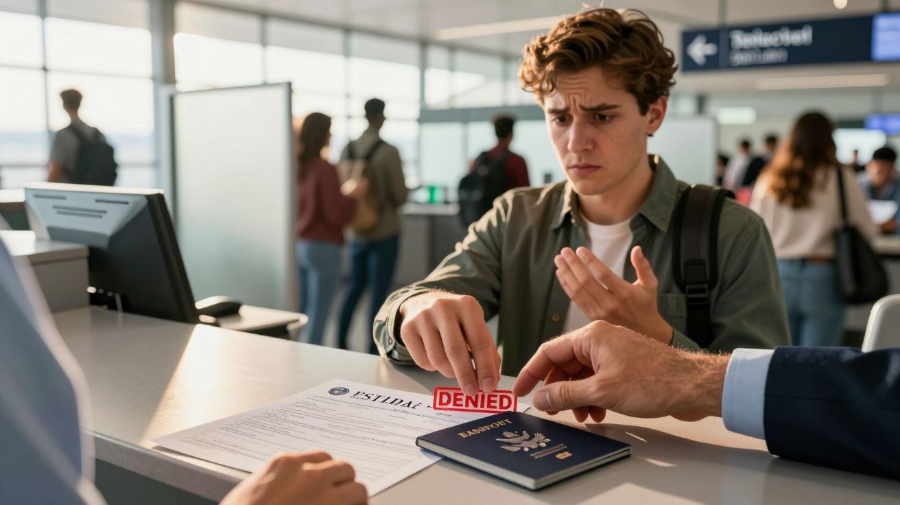 Jovem preocupado recebe carimbo "DENIED" em documento na imigração do aeroporto.