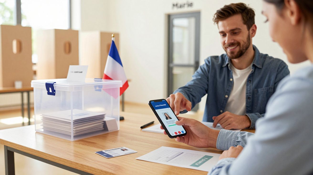 Dois homens num local de voto verificam identidade num telefone com urna e bandeira francesa ao fundo.