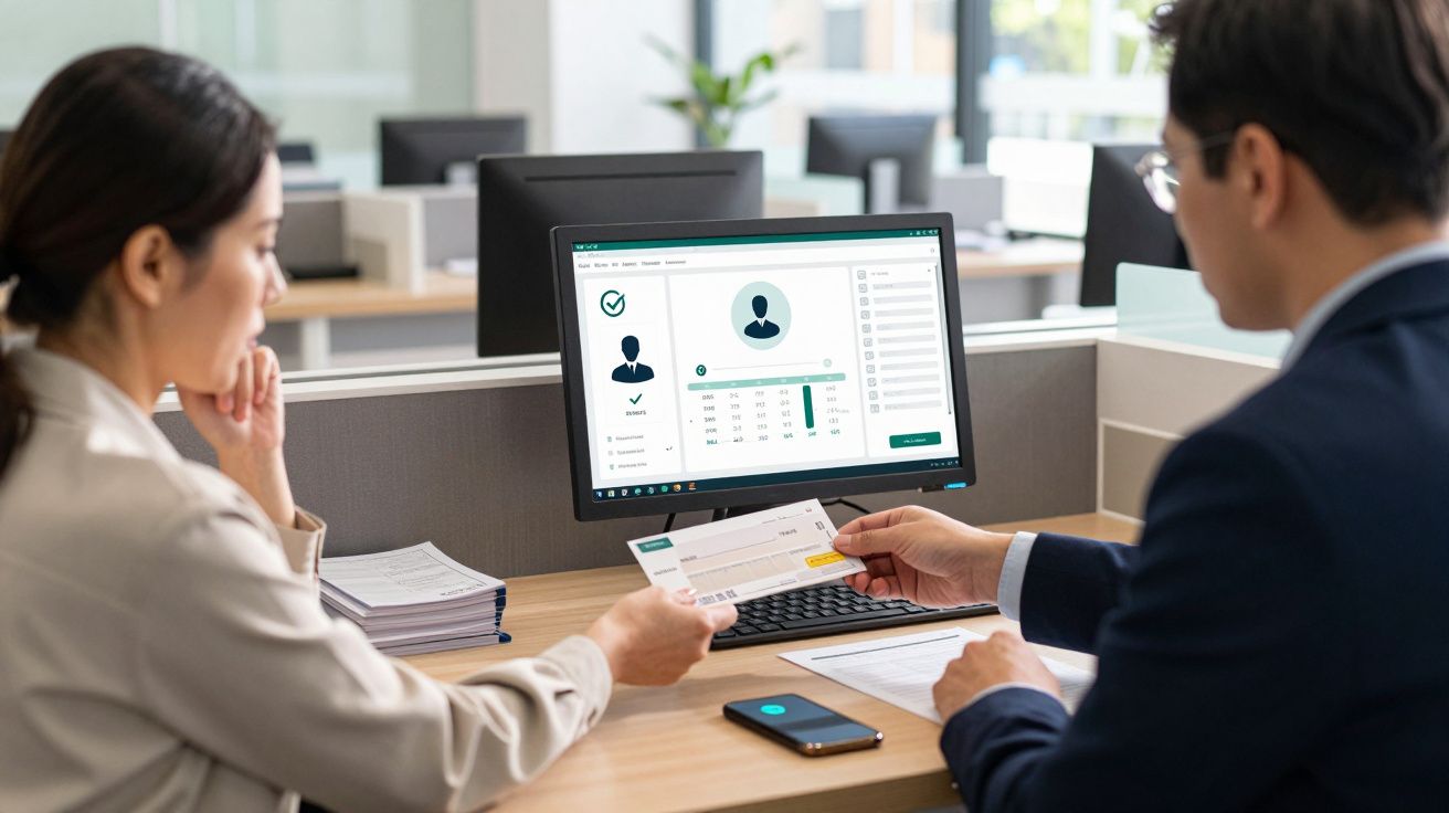 Duas pessoas sentadas à secretária a analisar documento bancário e dados no computador num escritório moderno.