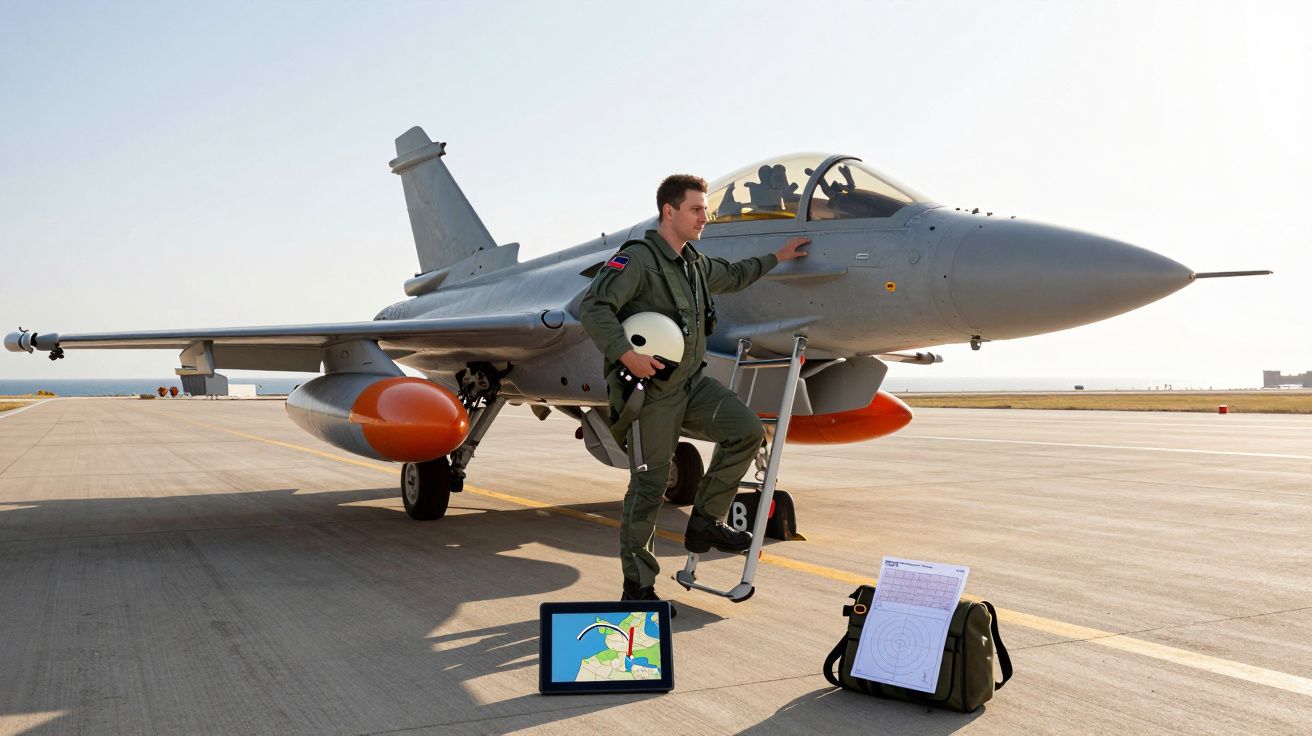 Piloto militar com fato verde encostado num avião de caça cinzento numa pista de aeroporto com equipamentos no chão.