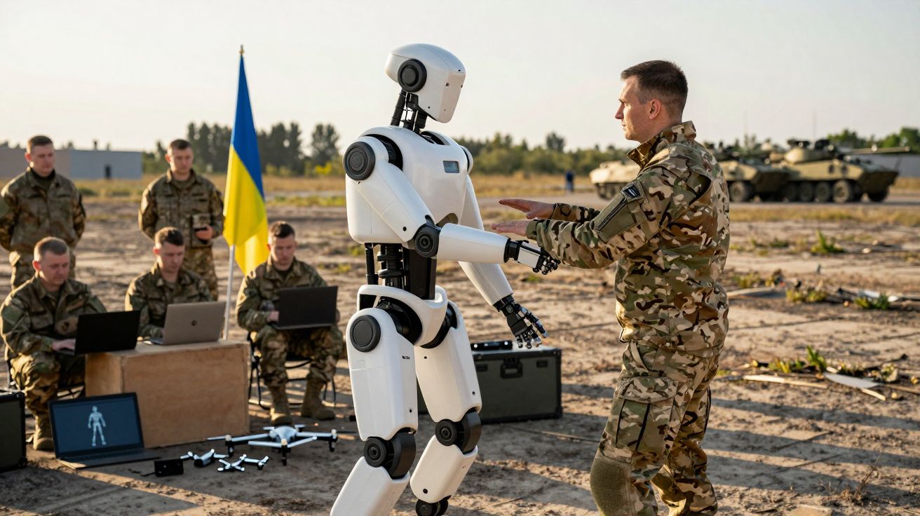 Soldado ucraniano interage com robô humanoide num campo de treino militar com colegas e bandeira da Ucrânia ao fundo.