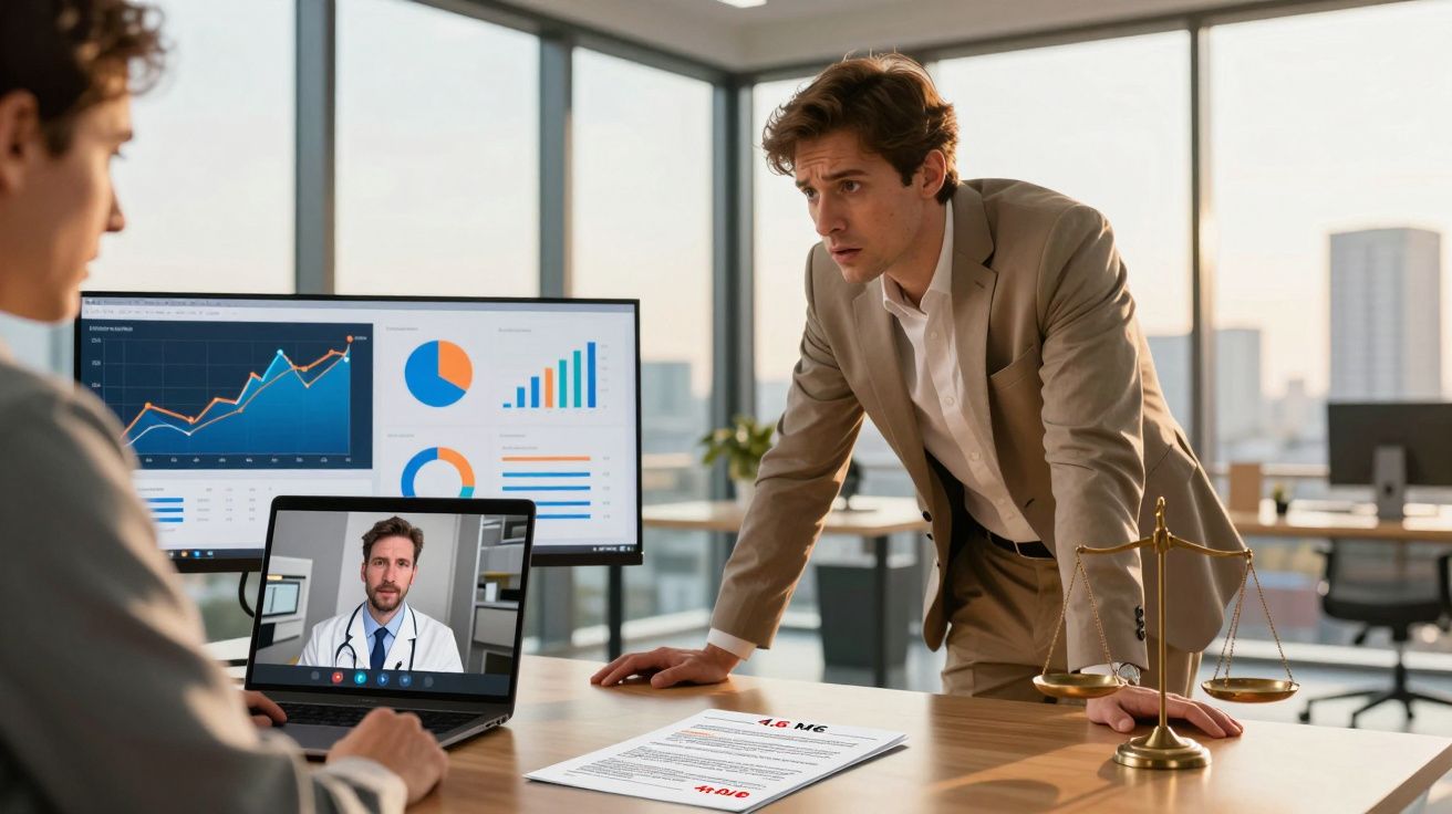 Dois homens discutem dados financeiros em escritório moderno com chamada de vídeo de médico no computador portátil.