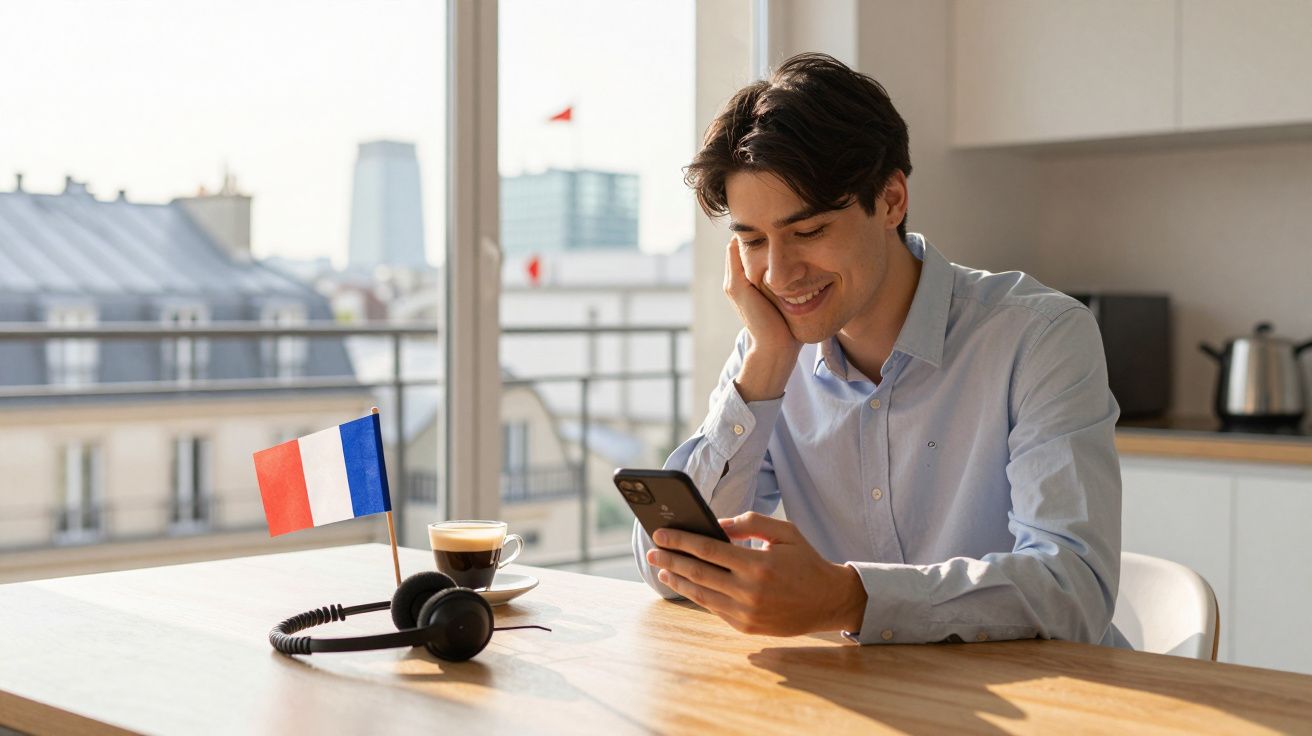 Homem sorridente a usar telemóvel sentado numa mesa com café, auscultadores e bandeira da França.